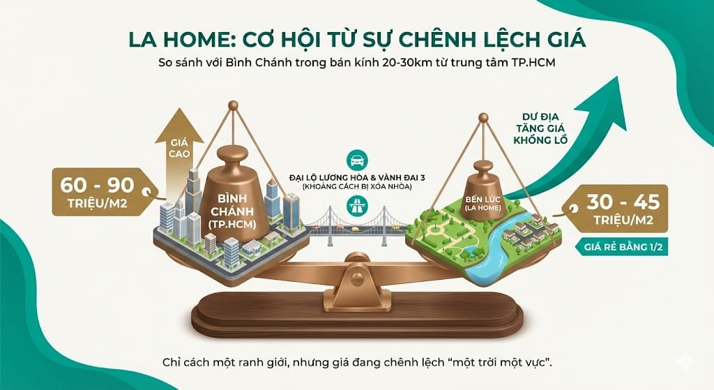Bến Lức và Bình Chánh chỉ cách nhau đúng một ranh giới hành chính, nhưng mức giá bất động sản lại đang chênh lệch "một trời một vực"
